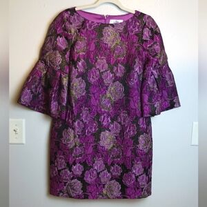 Belle Badgley Mischka Purple Gold Floral Sharon Sparkle Bell Sleeve Dress Size 6